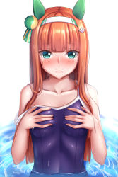 Rule 34 | 1girl, animal ears, aqua eyes, bad id, bad pixiv id, blue one-piece swimsuit, blunt bangs, blush, breast conscious, breasts, clothes pull, collarbone, commentary request, competition school swimsuit, ear covers, embarrassed, frown, hairband, hands on own chest, highres, horse ears, horse girl, long hair, looking at viewer, new school swimsuit, nose blush, one-piece swimsuit, one-piece swimsuit pull, orange hair, partially submerged, school swimsuit, silence suzuka (umamusume), simple background, small breasts, solo, swimsuit, tapisuke, umamusume, water, wet, white background