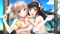 Rule 34 | 2girls, :o, ai kiss 2, armpits, bikini, bikini top only, black hair, blonde hair, blue eyes, blush, bottle, breasts, breasts squeezed together, cleavage, cloud, day, female focus, floating hair, game cg, giga (company), hair ribbon, hairband, hands up, holding, holding bottle, hug, kirisawa saki, large breasts, long hair, looking at viewer, multiple girls, ocean, original, outdoors, outstretched arms, parted lips, pink eyes, ribbon, sakurada an, sky, small breasts, standing, swimsuit, tosu towako, twintails, upper body, water, white ribbon