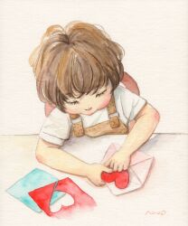 Rule 34 | 1girl, brown hair, closed eyes, heart, highres, holding, letter, love letter, nanao (nanao hideout), original, painting (medium), paper cutout, shirt, short hair, short sleeves, signature, solo, suspenders, traditional media, watercolor (medium), white shirt