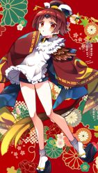 Rule 34 | 1girl, apron, artist name, benienma (fate), brown eyes, brown hair, fate/grand order, fate (series), feathers, geta, highres, japanese clothes, platform clogs, sakura tsubame, sleeves past fingers, sleeves past wrists, solo, tabi, wide sleeves