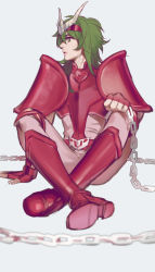 Rule 34 | 1boy, andromeda shun, armor, boots, chain, clenched hand, emg (christain), green eyes, green hair, hand on own knee, highres, indian style, knee boots, male focus, matching hair/eyes, parted lips, saint seiya, simple background, sitting, solo