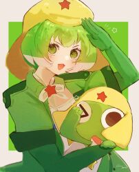 Rule 34 | 10ri 003, 1boy, 1girl, bow, bowtie, elbow gloves, frog, gloves, green eyes, green hair, hat, highres, jacket, kemono friends, kemono friends 3, keroro, keroro (kemono friends), keroro gunsou, looking at viewer, one eye closed, open mouth, shirt, short hair, simple background, star (symbol)