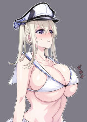 Rule 34 | 10s, 1girl, bikini, bikini top only, blonde hair, breasts, bursting breasts, cleavage, graf zeppelin (kancolle), grey background, hat, huge breasts, jariinu (gomasionori), kantai collection, long hair, navel, purple eyes, simple background, solo, swimsuit, trembling, twintails, underboob