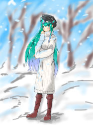 Rule 34 | 1girl, absurdres, blue fox (aoba), blurry, blush, boots, brown footwear, earrings, full body, gem, green eyes, green hair, hair ornament, hat, headpiece, highres, jewelry, long hair, looking at viewer, matching hair/eyes, nintendo, outdoors, pneuma (xenoblade), smile, snow, snowing, solo, spoilers, standing, sweater, swept bangs, tiara, xenoblade chronicles (series), xenoblade chronicles 2