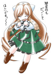 Rule 34 | 00s, 1girl, blush, bonnet, boots, brown hair, clenched hands, closed eyes, dress, drill hair, facing viewer, full body, green dress, heterochromia, imai kazunari, long hair, long sleeves, open mouth, rozen maiden, shouting, simple background, solo, suiseiseki, twin drills, very long hair, white background