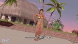 Rule 34 | 1girl, 3d, animated, audible music, bikini, black eyes, breasts, brown hair, cleavage, dancing, dead or alive, dead or alive xtreme 3 fortune, gold bikini, hitomi (doa), navel, ponytail, poolside, sound, sunset, tagme, video