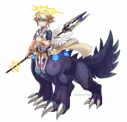 Rule 34 | 1boy, angel wings, armor, artist name, bangle, blonde hair, blue eyes, bracelet, bright pupils, centauroid, claws, closed mouth, spiked halo, earrings, extra eyes, feathered wings, full body, halo, hand up, holding, holding polearm, holding weapon, jewelry, ketaru, looking at viewer, male focus, mini wings, monster boy, original, pointy ears, polearm, purple scales, scales, shirt, short hair, short sleeves, simple background, smile, solo, standing, star-shaped pupils, star (symbol), symbol-shaped pupils, tail, taur, weapon, white background, white pupils, white shirt, white wings, wings