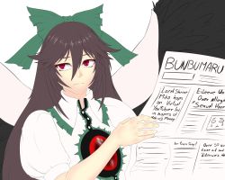 Rule 34 | 1girl, absurdres, black hair, bow, cape, frills, green bow, hair between eyes, hair bow, highres, lautaro, long hair, meme, newspaper, puffy sleeves, red eyes, reiuji utsuho, simple background, solo, touhou, upper body, white background