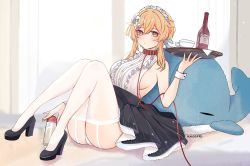 Rule 34 | 1girl, ass, blonde hair, bottle, breasts, dress, garter straps, genshin impact, highres, holding, holding tray, kneehighs, knees up, large breasts, legs, lolita fashion, looking at viewer, lumine (genshin impact), maid, sideboob, socks, solo, thighs, tray, unosaki2, whale, window, wine bottle, yellow eyes