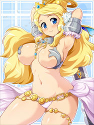 Rule 34 | 1girl, armor, armpits, arms behind head, arms up, bikini armor, blonde hair, blue eyes, breasts, cleavage, code of princess, crown, curvy, heart, konpeto, large breasts, long hair, moon, navel, princess, smile, solange blanchefleur de luxe, solo, star (symbol), sword, thick thighs, thighs, warrior, weapon