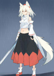 Rule 34 | 1girl, absurdres, animal ears, black background, black skirt, closed mouth, commentary request, detached sleeves, full body, gradient background, hat, highres, holding, holding sword, holding weapon, inubashiri momiji, kakaricho dairi, medium hair, navel, pom pom (clothes), red eyes, red footwear, red hat, red skirt, ribbon-trimmed sleeves, ribbon trim, shirt, sidelocks, skirt, socks, solo, standing, sword, tail, tokin hat, touhou, two-tone skirt, weapon, white hair, white shirt, white socks, wolf ears, wolf girl, wolf tail