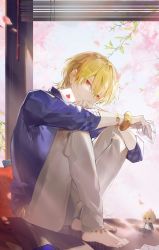 Rule 34 | 1boy, barefoot, blonde hair, blue shirt, bracelet, card, collarbone, earrings, fate/grand order, fate (series), full body, gilgamesh, gilgamesh (caster) (fate), gilgamesh (establishment) (fate), gilgamesh (fate), highres, holding, holding card, hugging own legs, jacket, jewelry, k7 (kk7 000), looking at viewer, male focus, necklace, no shoes, official alternate costume, red eyes, shirt, short hair, sitting, smile, solo