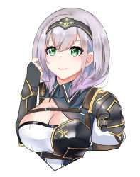 Rule 34 | 1girl, armor, black gloves, breasts, circlet, cleavage, cleavage cutout, closed mouth, clothing cutout, fingerless gloves, gloves, gold trim, green eyes, hand in own hair, highres, hololive, large breasts, mole, mole on breast, ritore, shirogane noel, shirogane noel (1st costume), shoulder armor, smile, solo, upper body, virtual youtuber, white background, white hair, wrist guards