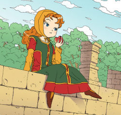 Rule 34 | 1girl, bad id, bad pixiv id, blue eyes, breasts, curly hair, dragon quest, dragon quest vii, dress, full body, hashi, hat, hood, long hair, maribel (dq7), red hair, small breasts, solo