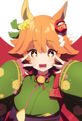 Rule 34 | + +, 1girl, animal ears, commentary request, daruma doll, ear covers, flipped hair, green kimono, hair between eyes, hair ornament, hakusai o m t, highres, horse ears, horse girl, japanese clothes, kimono, long sleeves, looking at viewer, matikanefukukitaru (chance encounters can be a blessing) (umamusume), matikanefukukitaru (umamusume), official alternate costume, open mouth, orange hair, red background, short hair, single ear cover, smile, solo, teeth, two-tone background, umamusume, upper teeth only, white background, yellow eyes
