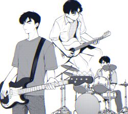 1boy after_school_lessons_for_unripe_apples denim drum drum_set electric_bass_guitar greyscale guitar holding holding_instrument instrument jisu_seo monochrome multiple_views music playing_instrument shirt short_hair sitting standing t-shirt thick_eyebrows tohachi