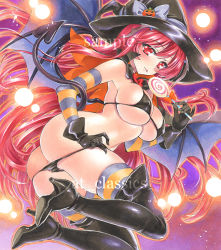 Rule 34 | 1girl, artist name, ass, at classics, bikini, bikini pull, black bikini, black footwear, black gloves, black hat, blue bow, boots, bow, breasts, candy, clothes pull, covered erect nipples, demon girl, demon tail, demon wings, food, full body, gloves, halloween, hat, hat bow, high heel boots, high heels, holding, holding candy, holding food, jack-o&#039;-lantern, koakuma, large breasts, lollipop, long hair, looking at viewer, navel, pulled by self, red eyes, red hair, sample watermark, solo, striped clothes, striped gloves, striped thighhighs, swimsuit, swirl lollipop, tail, thigh boots, thighhighs, touhou, traditional media, very long hair, watermark, wings, witch hat