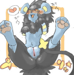 Rule 34 | 1girl, blush, creatures (company), furry, furry female, game freak, gen 4 pokemon, heart, looking at viewer, luxray, lying, nintendo, no humans, nogino kyousuke, pokemon, pokemon (creature), presenting, pussy, solo