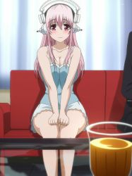 Rule 34 | 10s, breasts, cleavage, couch, curtains, drinking glass, headphones, highres, long hair, nitroplus, pink eyes, pink hair, screencap, soniani, super sonico, wine glass