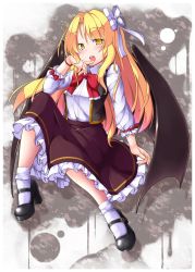 Rule 34 | 1girl, aka tawashi, bat wings, black footwear, blonde hair, blush, bow, bowtie, brown skirt, commentary request, finger to mouth, frills, hair bow, high heels, highres, kurumi (touhou), long hair, long sleeves, looking at viewer, mary janes, open mouth, petticoat, platform footwear, red bow, red bowtie, shirt, shoes, sitting, skirt, socks, solo, touhou, touhou (pc-98), white bow, white shirt, white socks, wings, yellow eyes