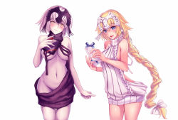Rule 34 | 2girls, aran sweater, arched back, backless dress, backless outfit, bare back, bare shoulders, black sweater, blonde hair, blue eyes, blush, bow, braid, breasts, cable knit, closed mouth, drawstring, dress, fate/apocrypha, fate/grand order, fate (series), gift, grey hair, hair bow, hair flaps, halterneck, hand up, hands up, headpiece, holding, holding gift, jeanne d&#039;arc (fate), jeanne d&#039;arc (ruler) (fate), jeanne d&#039;arc alter (avenger) (fate), jeanne d&#039;arc alter (fate), long hair, looking at viewer, medium breasts, meme attire, multiple girls, naked sweater, navel, open mouth, ribbed sweater, short hair, sideboob, simple background, single braid, sirturner, smile, sweater, sweater dress, thighs, tsurime, turtleneck, turtleneck sweater, valentine, very long hair, virgin killer sweater, wardrobe error, white background, white bow, white sweater, yellow eyes