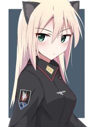 Rule 34 | 1girl, absurdres, animal ears, aqua eyes, black jacket, blonde hair, blue background, blush, border, cat ears, closed mouth, emu 1316, hair between eyes, heinrike prinzessin zu sayn-wittgenstein, highres, jacket, long hair, looking at viewer, military uniform, noble witches, outside border, patch, shoulder patch, solo, two-tone background, uniform, white border, world witches series