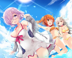 Rule 34 | 3girls, ahoge, bad id, bad pixiv id, beach, bikini, braid, breasts, day, fate/grand order, fate (series), fujimaru ritsuka (female), fujimaru ritsuka (female) (brilliant summer), glasses, hair ornament, hair over one eye, hair scrunchie, jacket, large breasts, long hair, looking at viewer, maruchan., mash kyrielight, mash kyrielight (swimsuit of perpetual summer), multiple girls, ocean, official alternate costume, olga marie animusphere, one eye closed, open mouth, orange eyes, orange hair, purple eyes, purple hair, scrunchie, short hair, side-tie bikini bottom, side ponytail, silver hair, swimsuit, yellow eyes