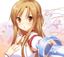 Rule 34 | 10s, 1girl, 47agdragon, :o, armor, asuna (sao), bare shoulders, blush, braid, breastplate, brown eyes, brown hair, detached sleeves, floral background, foreshortening, half updo, hand on own chest, holding, long hair, looking at viewer, open mouth, rapier, solo, sweatdrop, sword, sword art online, upper body, weapon