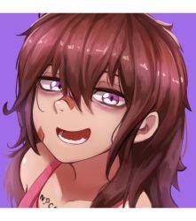 Rule 34 | 1girl, artist name, bags under eyes, bandaid, bandaid on face, bandaid on nose, bare shoulders, brown hair, camisole, collarbone, eyelashes, highres, long hair, looking at viewer, messy hair, nyxkz, open mouth, original, pink camisole, purple background, purple eyes, smile, solo, teeth, upper body