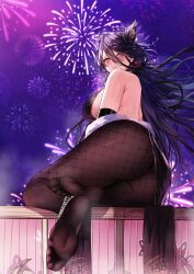 Rule 34 | 1girl, absurdres, ass, azur lane, black dress, black pantyhose, breasts, chi an (azur lane), dress, feet, fireworks, hanako (078), highres, large breasts, long hair, looking at viewer, looking back, night, night sky, no shoes, outdoors, pantyhose, sky, soles, solo, toes