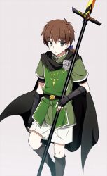 Rule 34 | 1boy, aged down, belt, black belt, black cape, black gloves, blue ribbon, brown eyes, brown hair, cape, closed mouth, fate/grand order, fate (series), fingerless gloves, frown, fuyuki (neigedhiver), gloves, green tunic, grey background, hair ribbon, hector (fate), holding, holding polearm, holding weapon, long hair, male focus, polearm, ribbon, shorts, sweatdrop, weapon, white shorts
