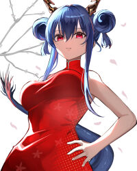 Rule 34 | 1girl, absurdres, arknights, blue hair, breasts, ch&#039;en (ageless afterglow) (arknights), ch&#039;en (arknights), china dress, chinese clothes, closed mouth, commentary request, double bun, dragon horns, dragon tail, dress, from below, hair between eyes, hair bun, hand on own hip, highres, horns, large breasts, looking at viewer, official alternate costume, puranetto (vjun4748), red dress, red eyes, simple background, sleeveless, sleeveless dress, solo, tail, turtleneck dress, white background
