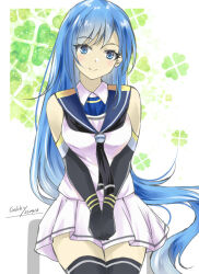 Rule 34 | 1girl, black gloves, black neckerchief, black thighhighs, blue eyes, blue hair, blue sailor collar, clover background, cowboy shot, elbow gloves, gakky, gloves, gradient hair, kantai collection, long hair, looking at viewer, multicolored hair, neckerchief, one-hour drawing challenge, pleated skirt, sailor collar, samidare (kancolle), school uniform, serafuku, shirt, skirt, sleeveless, sleeveless shirt, smile, solo, swept bangs, thighhighs, v arms, very long hair, white background, white shirt, white skirt