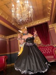 Rule 34 | 1girl, armlet, asian, bare shoulders, black collar, black dress, black nails, blonde hair, blue eyes, borrowed design, bowsette, bowsette (cosplay), bracelet, breasts, brooch, chouzuki maryou, cleavage, collar, cosplay, crown, dress, earrings, fingernails, horns, jewelry, large breasts, lizard tail, long hair, looking at viewer, mario (series), nail polish, new super mario bros. u deluxe, nintendo, photo (medium), plump, shell, skirt, smile, solo, spiked armlet, spiked bracelet, spiked collar, spiked shell, spikes, standing, strapless, strapless dress, super crown, tail, turtle shell