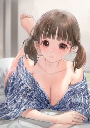 Rule 34 | 1girl, bare shoulders, blue reflection (series), blue reflection tie, blunt bangs, blurry, breasts, brown hair, character request, cleavage, collarbone, depth of field, feet up, foreshortening, highres, indoors, japanese clothes, kimono, kimono pull, kishida mel, looking at viewer, lying, medium breasts, no bra, off shoulder, on stomach, panties, partially undressed, pink panties, ryokan, solo, toes, twintails, underwear, utsubo kokoro, wide sleeves, yukata