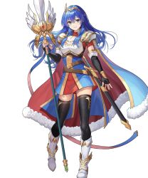 Rule 34 | 1girl, armor, black gloves, black thighhighs, blue cape, blue eyes, blue hair, breastplate, caeda (fire emblem), caeda (marth&#039;s faithful) (fire emblem), cape, elbow gloves, fingerless gloves, fire emblem, fire emblem: mystery of the emblem, fire emblem heroes, fur-trimmed cape, fur trim, gloves, highres, holding, holding polearm, holding weapon, long hair, looking at viewer, multicolored cape, multicolored clothes, nintendo, non-web source, official alternate costume, official art, polearm, red cape, sheath, smile, solo, sword, tachi-e, thighhighs, tiara, weapon, white footwear, wing hair ornament