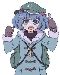 Rule 34 | 1girl, absurdres, backpack, bag, blue eyes, blue hair, blue shirt, blush stickers, brown gloves, gloves, green hat, hair bobbles, hair ornament, hat, highres, holding, holding wrench, kame (kamepan44231), kawashiro nitori, key, long sleeves, one-hour drawing challenge, open mouth, round teeth, shirt, short hair, simple background, smile, solo, teeth, touhou, two side up, upper body, upper teeth only, white background, wrench