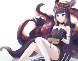 1girl, animal ears, ao-chan (ninomae ina&#039;nis), bare shoulders, black dress, black gloves, blue eyes, book, collarbone, commentary, detached collar, detached sleeves, dress, eyebrows visible through hair, flat chest, flower knot, fur-trimmed collar, gloves, gradient hair, halo, highres, holding, holding book, hololive, hololive english, knees together feet apart, kttmr i, long hair, multicolored hair, ninomae ina&#039;nis, open mouth, orange hair, purple hair, short dress, simple background, single sleeve, single thighhigh, sitting, smile, solo, straight hair, strapless, strapless dress, tako (ninomae ina&#039;nis), taut clothes, taut dress, tentacle, tentacle hair, thighhighs, thighs, tiara, two-tone hair, very long hair, virtual youtuber, white background, white legwear, zettai ryouiki