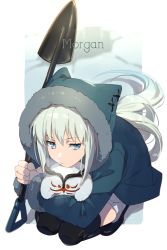 Rule 34 | 1girl, animal hood, blue eyes, blue jacket, braid, breasts, cernunnos (fate), character name, echo (circa), fate/grand order, fate (series), french braid, grey hair, hood, hood up, hooded jacket, jacket, large breasts, long hair, long sleeves, looking at viewer, morgan le fay (fate), ponytail, shovel, sidelocks, solo, squatting, stuffed toy, very long hair