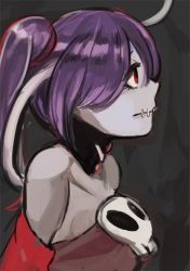 Rule 34 | 1girl, blue hair, colored skin, detached collar, detached sleeves, from side, grey skin, hair over one eye, leviathan (skullgirls), red eyes, side ponytail, skull, skullgirls, solo, squigly (skullgirls), stitched mouth, stitches, toi (toiot), upper body, zombie