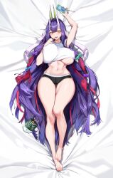 Rule 34 | 1girl, absurdres, barefoot, bed sheet, blush, breasts, covered erect nipples, dakimakura (medium), echidna (last origin), feet, full body, hair ornament, hair ribbon, highres, huge breasts, last origin, legs, long hair, looking at viewer, lying, multicolored hair, on back, open mouth, pinkmill, purple hair, ribbon, shiny skin, shirt, slit pupils, smile, solo, t-shirt, thick thighs, thighs, toenails, toes, very long hair, yellow eyes