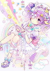 Rule 34 | 1girl, absurdres, apron, bandaged leg, bandages, blue bow, blush, bow, closed mouth, cloud, commentary request, crescent, crescent necklace, cross, eyepatch, food, hair between eyes, hair ornament, hairclip, hand mirror, hat, heart, highres, ice cream, jewelry, knees together feet apart, medical eyepatch, mirror, mob cap, necklace, original, pennant, pill, pink bow, popsicle, puffy short sleeves, puffy sleeves, purple bow, purple eyes, purple footwear, purple hair, rabbit hair ornament, sakura oriko, shirt, shoes, shooting star hair ornament, short sleeves, skirt, solo, star (symbol), star hair ornament, string of flags, twintails, waist apron, white apron, white bow, white hat, white shirt, white skirt, wing hair ornament, wings, x hair ornament, yellow bow