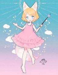 Rule 34 | 1girl, animal ears, barefoot, blonde hair, blue eyes, dress, gradient background, holding, l hakase, looking at viewer, open mouth, original, pink dress, short hair, sleeveless, smile, solo, tail