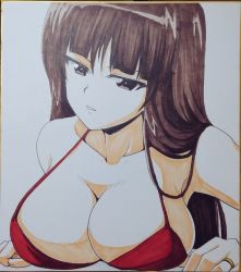 Rule 34 | 1girl, bikini, blunt bangs, breast rest, breasts, brown eyes, brown hair, cleavage, girls und panzer, jewelry, kamishima kanon, large breasts, long hair, marker (medium), mature female, nishizumi shiho, red bikini, ring, solo, swimsuit, traditional media, upper body