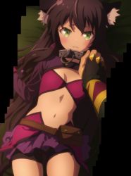 Rule 34 | 10s, 1boy, 1girl, absurdres, animal ears, black hair, breasts, collar, diablo (isekai maou), green eyes, highres, isekai maou to shoukan shoujo no dorei majutsu, long hair, looking at viewer, metal collar, midriff, navel, parted lips, rem galleu, screencap, small breasts, solo focus, stitched, third-party edit