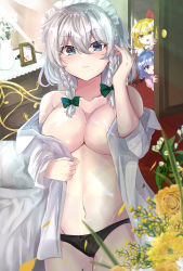 Rule 34 | 3girls, bat wings, bed, black panties, blonde hair, blue eyes, blue hair, bow, braid, breasts, closed mouth, collarbone, commentary request, cowboy shot, desk, drawing (object), flandre scarlet, flower, green bow, hair bow, hair ribbon, highres, izayoi sakuya, large breasts, light frown, light rays, looking at viewer, maid headdress, momo ga suki desu, multiple girls, naked shirt, navel, no bra, no headwear, open door, open mouth, panties, partially undressed, peeking out, red eyes, red ribbon, remilia scarlet, ribbon, shirt, short hair, stomach, touhou, twin braids, underwear, vase, white hair, white shirt, wings, wrist cuffs