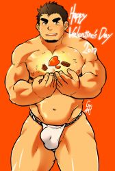 Rule 34 | 1boy, bara, belly, blush, brown hair, bulge, candy, chocolate, chocolate heart, cowboy shot, facial hair, food, fundoshi, goatee, happy valentine, heart, higemorigen, highres, japanese clothes, looking at viewer, male focus, male underwear, muscular, navel, nipples, original, pectorals, short hair, solo, thick eyebrows, thick thighs, thighs, underwear, underwear only, white male underwear
