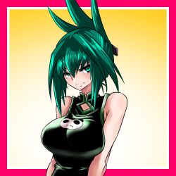 Rule 34 | 1girl, artist request, bare arms, bare shoulders, black eyes, breasts, china dress, chinese clothes, clothing cutout, dress, green eyes, green hair, hair between eyes, hair ornament, highres, impossible clothes, impossible dress, large breasts, long hair, looking at viewer, shaman king, shiny skin, simple background, skin tight, smile, solo, tao jun, upper body