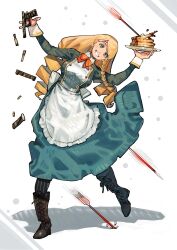 Rule 34 | 1girl, apron, arrow (projectile), blonde hair, boots, bow, bowtie, breasts, brown footwear, bukimi isan, character request, check copyright, copyright request, dress, drill hair, food, full body, green dress, grin, gun, highres, holding, holding gun, holding plate, holding weapon, large breasts, leaning to the side, long hair, orange bow, orange bowtie, pancake, pantyhose, plate, shy (series), smile, solo, striped clothes, striped pantyhose, teeth, twin drills, waist apron, weapon, white apron