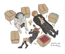 Rule 34 | 1girl, 2boys, arms up, asaya minoru, black footwear, black gloves, black jacket, black necktie, black pants, black scrunchie, black shirt, boots, box, brown hair, cardboard box, chalice, collared shirt, cross-laced footwear, cup, daybit sem void, english text, fate/grand order, fate (series), fujimaru ritsuka (female), gloves, grey hair, grey skirt, hair ornament, hair scrunchie, jacket, kadoc zemlupus, lace-up boots, long sleeves, lying, multiple boys, necktie, nose bubble, on back, on side, one side up, open clothes, open jacket, pants, pleated skirt, scrunchie, shirt, shoe soles, simple background, sitting, skirt, sparkle, twitter username, white background, white jacket, white pants